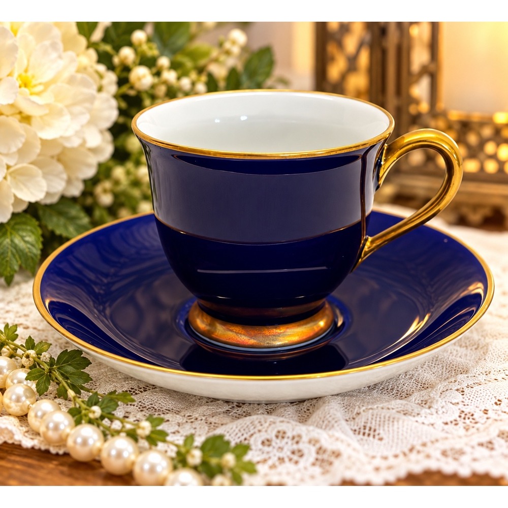 Legacy by Noritake Cobalt Blue Gold Colored Trim Porcelain Teacup and Saucer Set